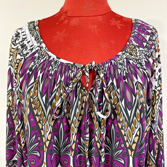 New Directions Size XL Peasant Top Tunic Blouse Boho Purple Gray Tan Floral Chic - Picture 2 of 9